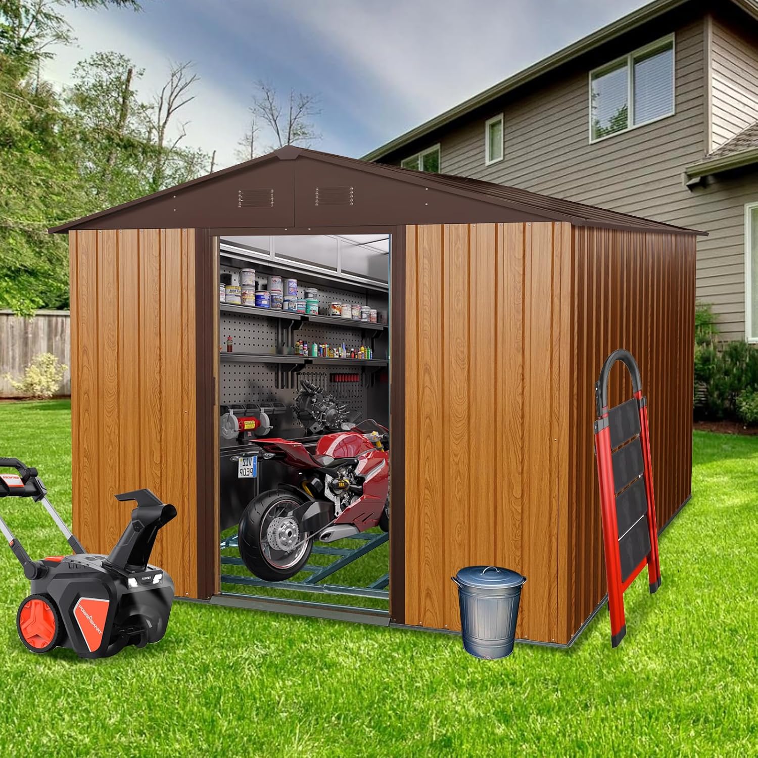Gardening Tools In - 8x10 FT Outdoor Storage Shed, Metal